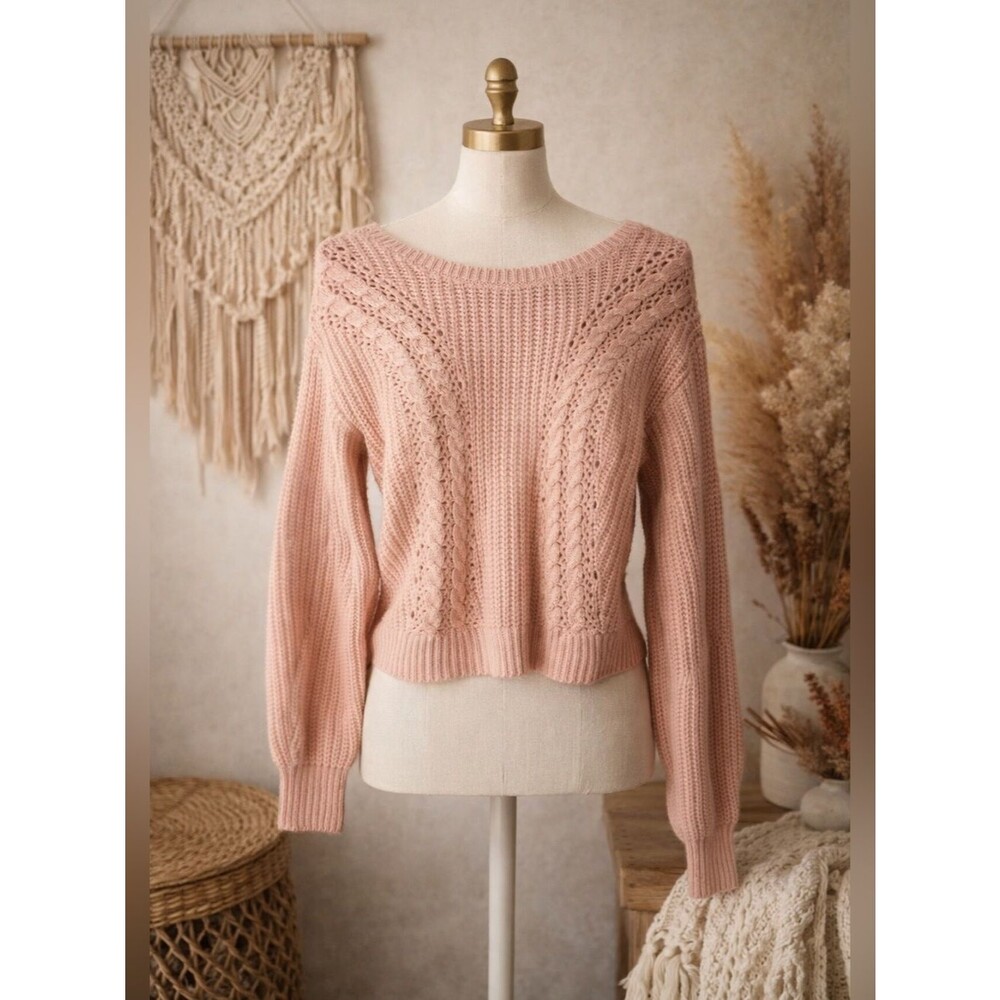 No Boundaries Blush Pink Cable Knit Sweater school fall caged back Juniors M